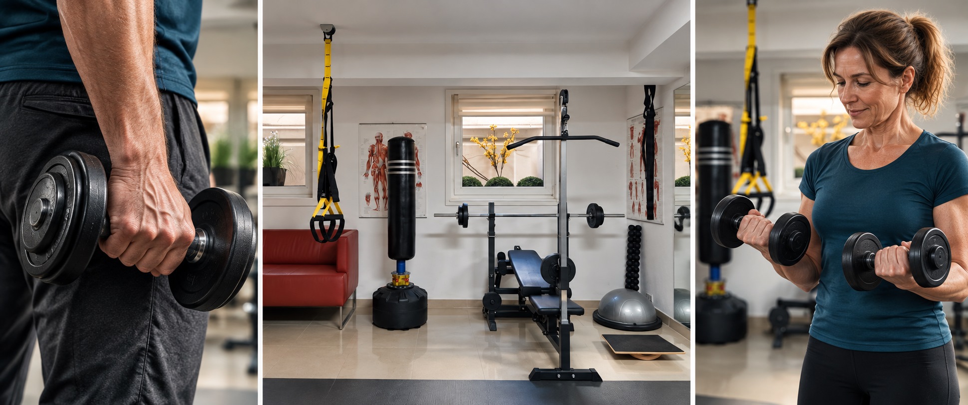 Collage aus Krafttraining mit Hanteln und dem Trainingsbereich der Praxis; KI-generierte Personen und Symbolmotive